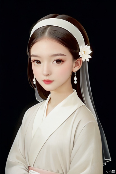  a thirteen or fourteen-year-old girl in plain clothes with white silk hairband, lightly powdered face, delicate features, and a slim figure