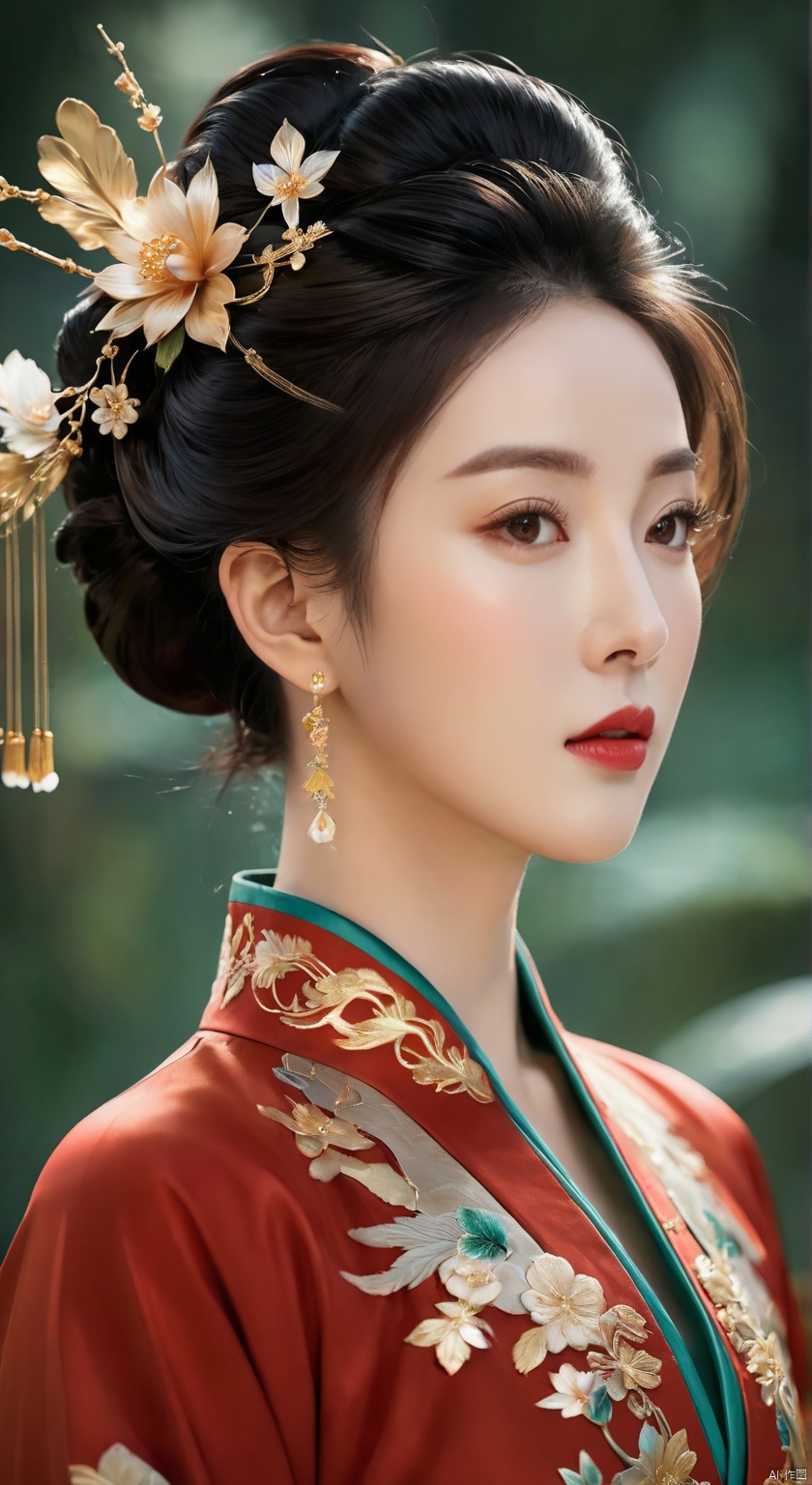 Masterpiece, ultra-high-definition 8K wallpaper, finest quality, a graceful and commanding ancient Chinese noblewoman depicted in a surrealistic and detailed style, with clear and distinct textures, rendered in photorealistic CG, set against a cinematically lit backdrop, featuring:
A striking and intricately designed hairdo with a golden  hairpin, adorned with 8 peals.
An upper garment: a luxurious vermilion (rich red) Hanfu jacket with a high collar, featuring flowing sleeves and delicate gold embroidery that accentuates its traditional elegance.
A lower garment: an emerald green skirt that flows and complements the upper jacket, with subtle pleats and additional gold embroidery that matches the jacket's design, ensuring the colors are not mixed or confused., guangying on face, hubggirl