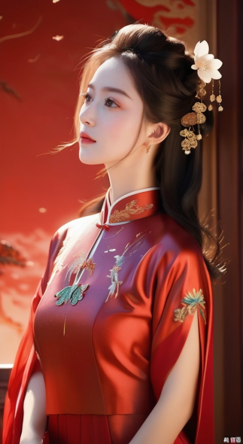 Masterpiece, ultra-high-definition 8K wallpaper, finest quality, a graceful and commanding ancient Chinese noblewoman depicted in a surrealistic and detailed style, with clear and distinct textures, rendered in photorealistic CG, set against a cinematically lit backdrop, featuring:
A striking and intricately designed hairdo with a golden phoenix hairpin, adorned with shimmering jewels that catch the light.
An upper garment: a luxurious vermilion (rich red) Hanfu jacket with a high collar, featuring flowing sleeves and delicate gold embroidery that accentuates its traditional elegance.
A lower garment: an emerald green skirt that flows and complements the upper jacket, with subtle pleats and additional gold embroidery that matches the jacket's design, ensuring the colors are not mixed or confused.