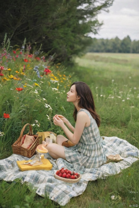  Depict a serene picnic scene with a beautiful woman enjoying a leisurely afternoon amidst a lush green meadow, surrounded by vibrant wildflowers. She's seated on a plaid blanket, with a wicker basket nearby