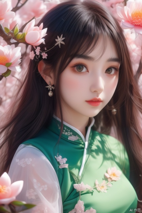 the spring goddes with wicker and pink Yulan magnolia cross the girl dress. the sun is shining her. , wunv, lvshui-green dress, Purity Portait, qipao