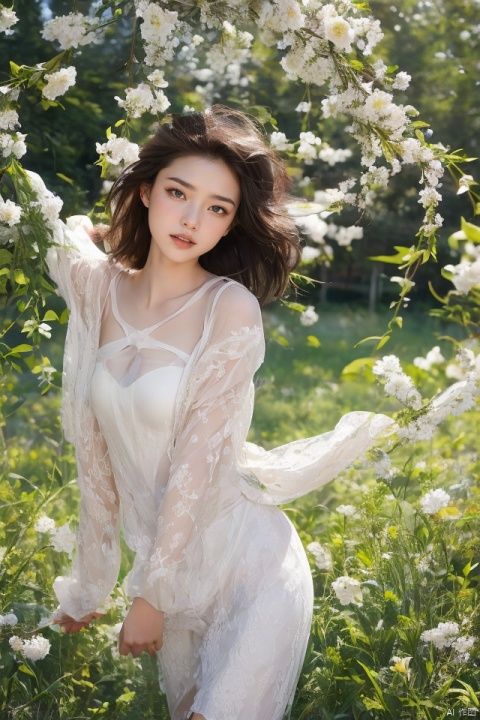  a young girl 
, springtime , in a vibrant meadow.,
 a floral wreath,
 her attire is light and airy,
 and her movements are graceful and joyful. 
 She is surrounded by a sea of blooming flowers. 
 dappled sunlight filtering through the new foliage, casting a warm glow on the girl. Her smile is bright .
,美女