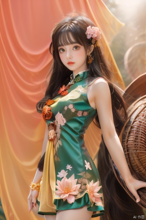 the spring goddes with wicker and pink Yulan magnolia cross the girl dress. the sun is shining her. , wunv, lvshui-green dress, Purity Portait, qipao