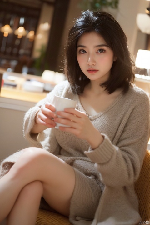  Illustrate an elegant woman seated at a cozy café. She is sipping a cup of coffee, her gaze thoughtful.Enhance the rendering of the hands by adding shadows and highlights that reflect the light source accurately, creating a three-dimensional effectanddepth.,美女