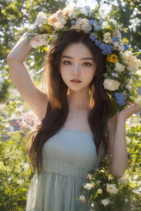  a young girl 
, springtime , in a vibrant meadow.,
 a floral wreath,
  her attire is light and airy,
   and her movements are graceful and joyful. 
   She is surrounded by a sea of blooming flowers. 
 dappled sunlight filtering through the new foliage, casting a warm glow on the girl. Her smile is bright .
