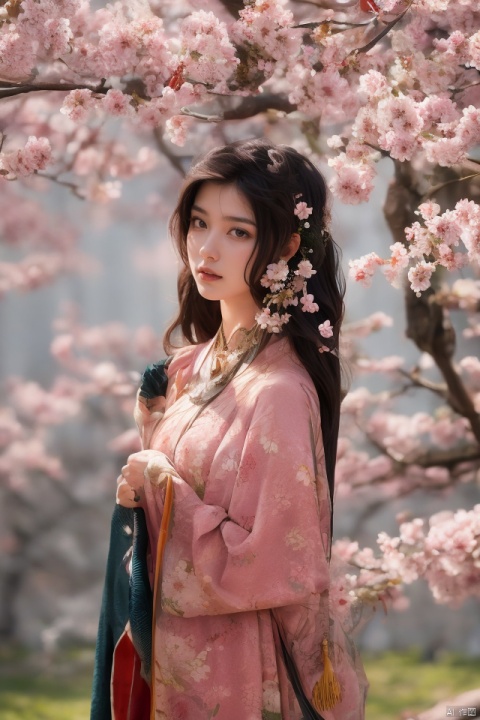  Create an artwork with a backdrop of blooming cherry blossoms in  spring splendor, and in the foreground, depict a graceful woman adorned in traditional attire, her expression serene, as she admires the delicate beauty of the cherry blossoms