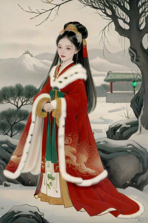  a thirteen or fourteen-year-old girl, lightly powdered face, delicate features, and a slim figure, wearing gold-trimmed cloud-patterned red fragrant sheepskin boots.She is cloaked in a grand red feathered robe lined with white fur.
Illustrate a traditional Chinese garment with a striking green sash or belt, elegantly tied at the center to accentuate the silhouette.Her head is covered with a snowy white hat to match her elegant attire., 
