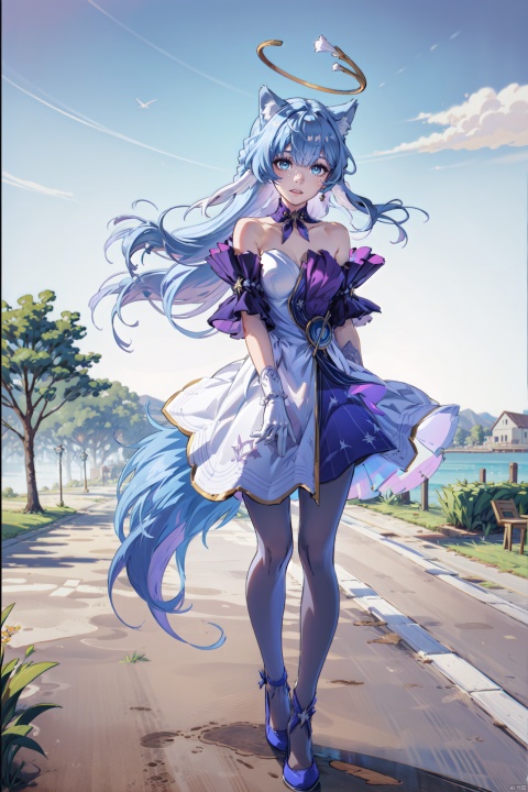  (illustration:1.1), (concept art:1.2), 
1girl,(wolf_ears), (wolf_tail),long hair,full body,
wind,sky, scenery,outdoors,
zgn,long hair,halo,blue eyes,gloves,bangs,white dress,bare shoulders,blue hair,blue footwear, tutuhsv2,grey pantyhose,
