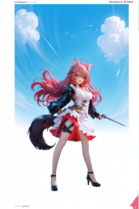 (illustration:1.1), (concept art:1.2), 
1girl,(wolf_ears), (wolf_tail),long hair,full body,
wind,sky, niji3,
,jizi, def clothes, no coat, breasts, dress, red hair, long hair, yellow eyes, white dress, cleavage, high heels, black footwear,fighting stance, 