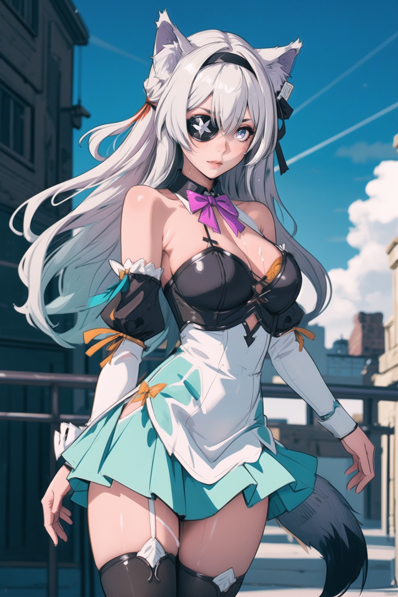  (illustration:1.1), (concept art:1.2), 
1girl,(wolf_ears), (wolf_tail),long hair,
((fine and beautiful detailed skin:1.0),(shiny:1.0),(Oil_highlights:1.0),(wet with oil:0.6),(shiny_skin:1)),
wind,sky, 
(liuying:1.2),blue eyes,hairband,long hair,black hairband,white hair,
asymmetrical sleeves, detached collar, detached sleeves, blonde hair, thighhighs, eyepatch, long hair, two side up, single glove, bow, purple bow, black thighhighs, dress, hair over one eye, single glove, bare shoulders, bodystocking, breasts, bangs, purple bowtie, black gloves, bowtie, single leg pantyhose, hair ribbon, single thighhigh, ribbon, medium breasts, 