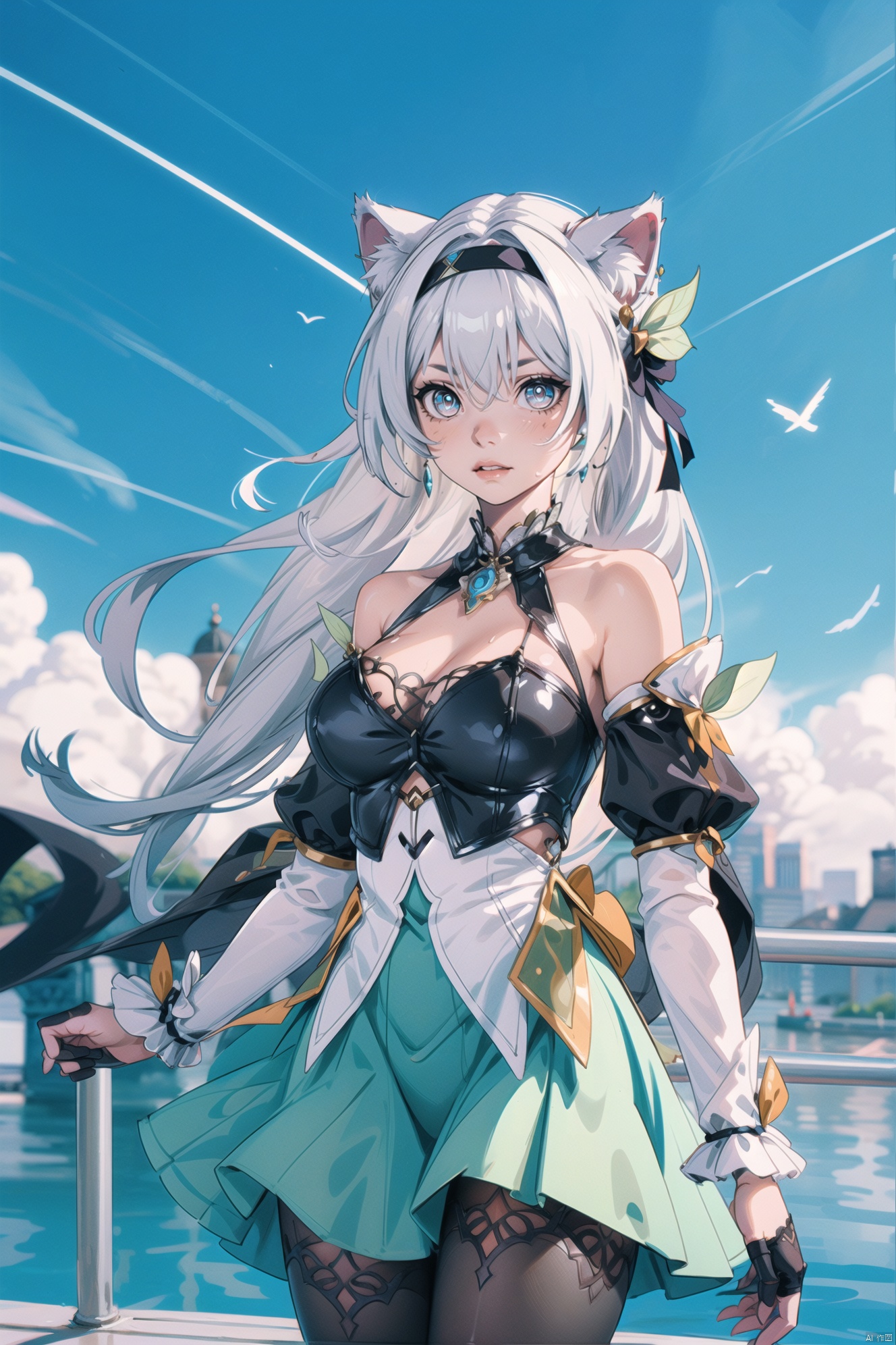  (illustration:1.1), (concept art:1.2), 
1girl,(wolf_ears), (wolf_tail),long hair,
((fine and beautiful detailed skin:1.0),(shiny:1.0),(Oil_highlights:1.0),(wet with oil:0.6),(shiny_skin:1)),
wind,sky, 
(liuying:1.2),blue eyes,hairband,long hair,black hairband,white hair,
 pantyhose, hair bun,  gloves, twintails, long hair, diamond-shaped pupils, bare shoulders, hair ornament, black pantyhose, cone hair bun, detached sleeves,dress, jewelry, medium breasts, earrings, bangs, frills, purple dress, black gloves, braid, skirt, 