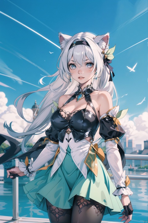  (illustration:1.1), (concept art:1.2), 
1girl,(wolf_ears), (wolf_tail),long hair,
((fine and beautiful detailed skin:1.0),(shiny:1.0),(Oil_highlights:1.0),(wet with oil:0.6),(shiny_skin:1)),
wind,sky, 
(liuying:1.2),blue eyes,hairband,long hair,black hairband,white hair,
 pantyhose, hair bun,  gloves, twintails, long hair, diamond-shaped pupils, bare shoulders, hair ornament, black pantyhose, cone hair bun, detached sleeves,dress, jewelry, medium breasts, earrings, bangs, frills, purple dress, black gloves, braid, skirt, 