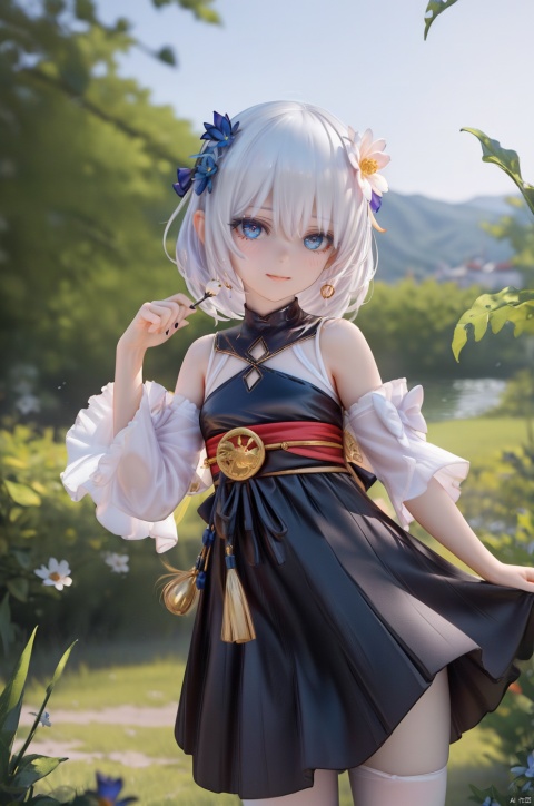 (sfw:1.1), (((realistic))) photo,highest quality,
masterpiece, best quality, official art, extremely detailed CG unity 8k wallpaper, 
Cinematic Lighting,chromatic_aberration,lens_flare,depth of field,
1girl,paw pose,
lange, theresa apocalypse, hair ornament, hair flower, blue eyes, white hair, flower, simple background, dress, full body, chinese clothes, closed mouth, looking at viewer, bangs, bare shoulders, blue flower,skirt, 