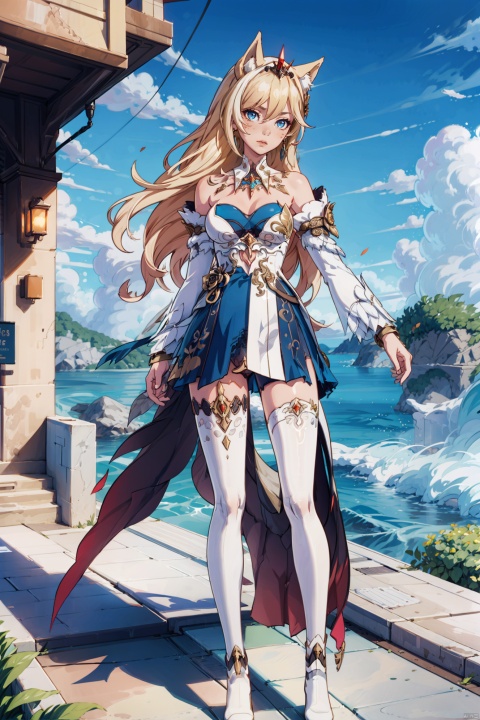  (illustration:1.1), (concept art:1.2), 
1girl,(wolf_ears), (wolf_tail),long hair,full body,
wind,sky, scenery,outdoors,pose,
wyl,blonde hair,blue eyes,white footwear,earrings,bangs,breasts,jewelry,blue skirt,white single thighhigh,white train (clothing),, , , tutuhsls,white pantyhose,