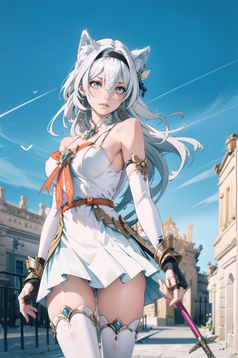  (illustration:1.1), (concept art:1.2), 
1girl,(wolf_ears), (wolf_tail),long hair,
((fine and beautiful detailed skin:1.0),(shiny:1.0),(Oil_highlights:1.0),(wet with oil:0.6),(shiny_skin:1)),
wind,sky, 
(liuying:1.2),blue eyes,hairband,long hair,black hairband,white hair,
bianka durandal ataegina (palatinus equinox), bianka durandal ataegina, two-tone hair,  long hair, gloves, weapon, hair ornament, bangs, fingerless gloves, earrings, jewelry, dress, hair between eyes, bare shoulders, spear, black gloves, armor, white dress, thighhighs, single earring, gauntlets, elbow gloves, 