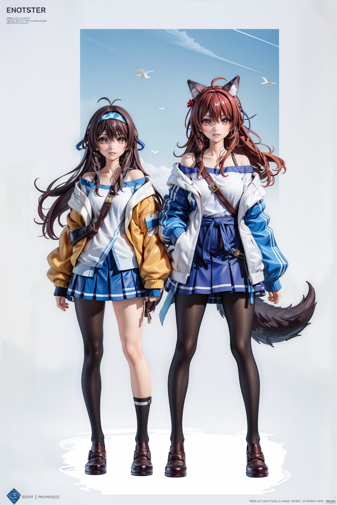  (concept art:1.2),(photorealistic:0.8),
handmade style,pvc,(nice hands, perfect hands:0.9),
cinematic lighting,fantasy,full_body, 
,,(wolf_ears), (wolf_tail),long hair,antenna hair,
((fine and beautiful detailed skin:1.0),(shiny:1.0),(Oil_highlights:1.0),(shiny_skin:1)),
wind,sky, 
(hutaosl:1.2), blue jacket, blue skirt, white shirt,Black pantyhose, eyewear hang, red eyes,(long brown hair:1.1), blue hairband, off shoulder, open jacket,