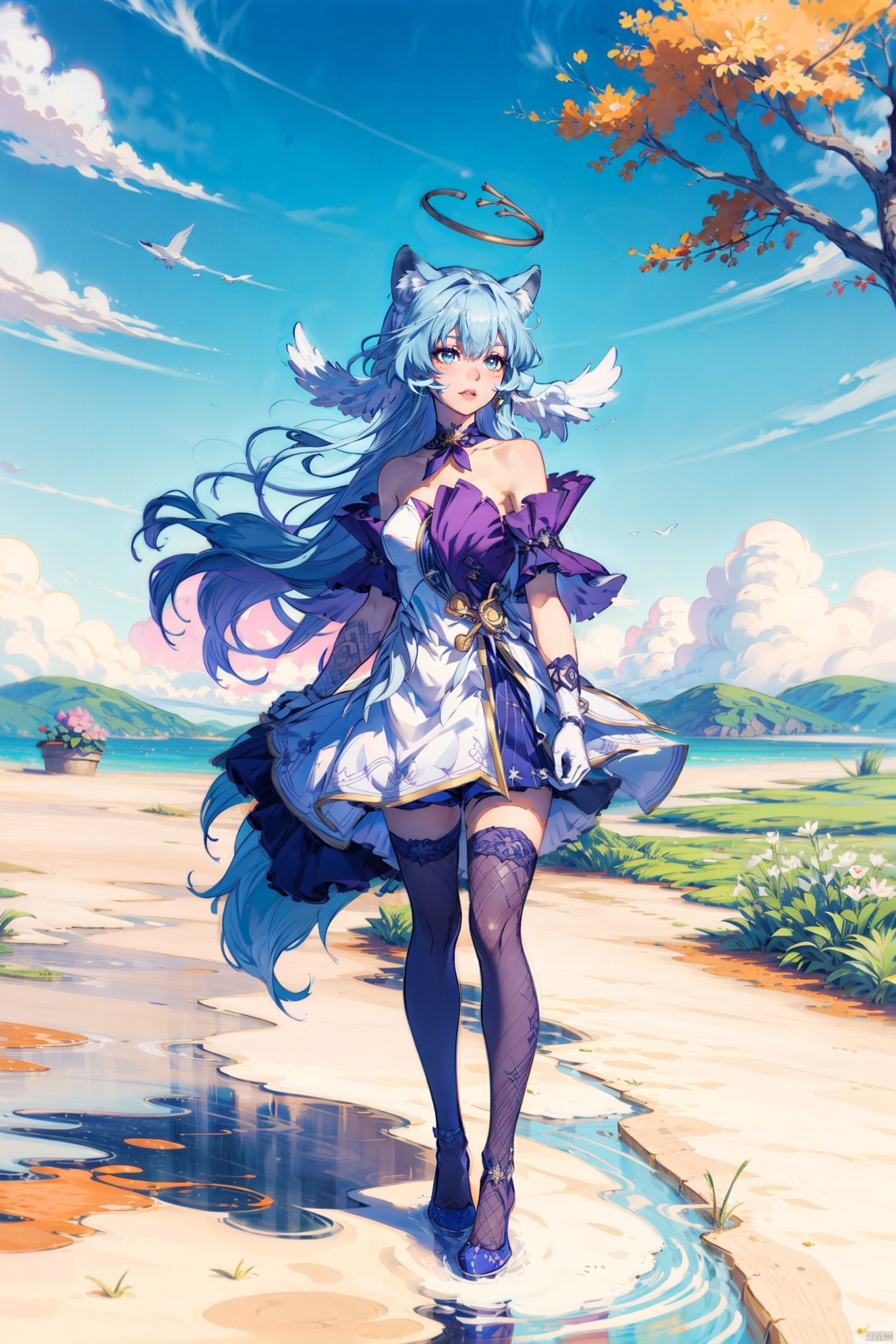  (illustration:1.1), (concept art:1.2), 
1girl,(wolf_ears), (wolf_tail),long hair,full body,
wind,sky, scenery,outdoors,
zgn,long hair,halo,blue eyes,gloves,bangs,white dress,bare shoulders,blue hair,blue footwear, , tutuhh,thighhighs,