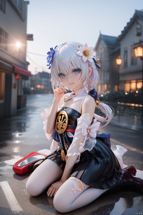 (sfw:1.1), (((realistic))) photo,highest quality,
masterpiece, best quality, official art, extremely detailed CG unity 8k wallpaper, 
Cinematic Lighting,chromatic_aberration,lens_flare,depth of field,
1girl,paw pose,
lange, theresa apocalypse, hair ornament, hair flower, blue eyes, white hair, flower, simple background, dress, full body, chinese clothes, closed mouth, looking at viewer, bangs, bare shoulders, blue flower,skirt, 