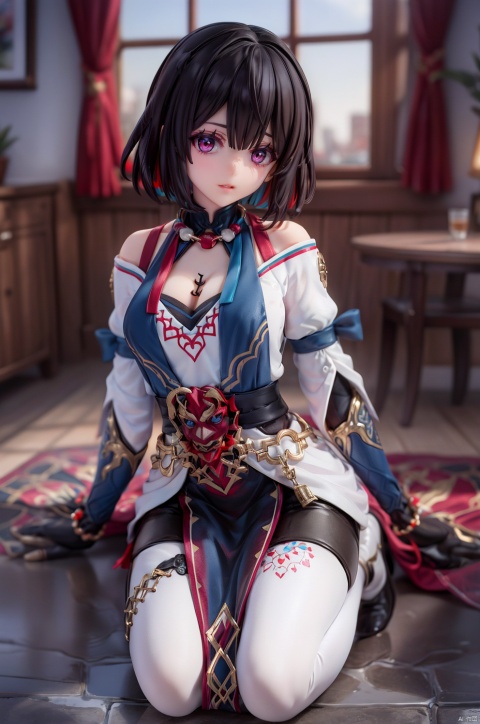 (sfw:1.2), 
sex pose, 
masterpiece, best quality, official art, extremely detailed CG unity 8k wallpaper, 
Cinematic Lighting,chromatic_aberration,lens_flare,depth of field,
1girl,full body,
xueyi, short hair, black hair, multicolored hair, jewelry, colored inner hair, multicolored eyes, red hair, white thighhighs,

