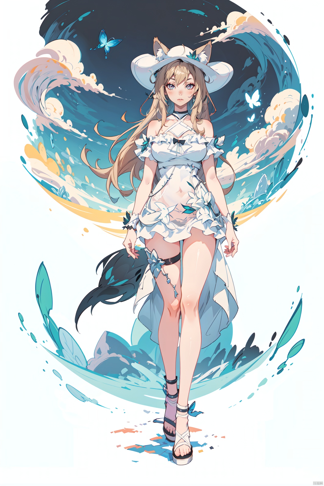  (illustration:1.1), (concept art:1.2), 
1girl,(wolf_ears), (wolf_tail),long hair,full body,
wind,sky, 
abyz,see-through dress,hat,breasts,long hair,dress,butterfly,blond hair,sundress, 