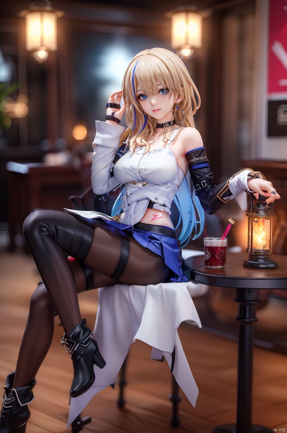 (sfw:1.2), (((realistic))) photo,
sex pose, 
masterpiece, best quality, official art, extremely detailed CG unity 8k wallpaper, 
Cinematic Lighting,chromatic_aberration,lens_flare,depth of field,
1girl,
xiluwa, blonde hair, blue hair, black footwear, multicolored hair, long hair, skirt, earrings, (pantyhose:1.2), blue eyes, jewelry, asymmetrical sleeves, bare shoulders, black choker, bangs, Lightning tattoo, thigh_strap,