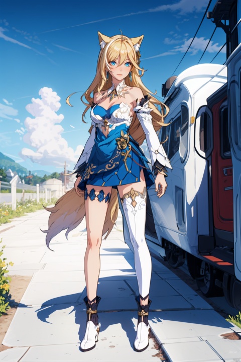  (illustration:1.1), (concept art:1.2), 
1girl,(wolf_ears), (wolf_tail),long hair,full body,
wind,sky, scenery,outdoors,pose,
wyl,blonde hair,blue eyes,white footwear,earrings,bangs,breasts,jewelry,blue skirt,white single thighhigh,white train (clothing),,