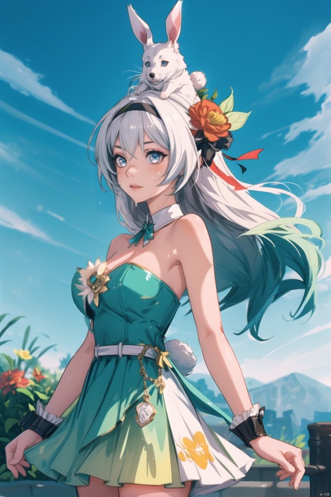  (illustration:1.1), (concept art:1.2), 
1girl,(wolf_ears), (wolf_tail),long hair,
((fine and beautiful detailed skin:1.0),(shiny:1.0),(Oil_highlights:1.0),(wet with oil:0.6),(shiny_skin:1)),
wind,sky, 
(liuying:1.2),blue eyes,hairband,long hair,black hairband,white hair,
li sushang (auspicious dazzle), li sushang, official alternate costume, red flower, alternate hairstyle, official alternate hairstyle, multicolored hair, two-tone hair,   hair flower, strapless dress, frilled skirt, rabbit, rabbit on head, on head, animal on head, 