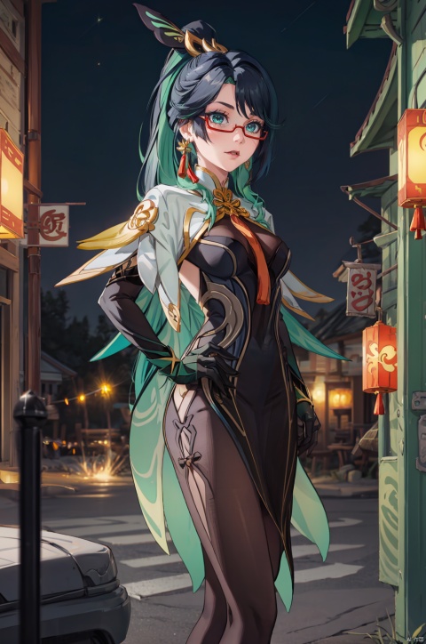  (sfw:1.1), 
outdoors ,(sex:0.6) pose,
masterpiece, best quality, official art, extremely detailed CG unity 8k wallpaper, 
Cinematic Lighting,chromatic_aberration,lens_flare,depth of field,
1girl,
xianyun, chinese clothes, (ponytail, hair stick,hair ornament), glasses, jewelry, earrings, multicolored hair, black hair, dress, standing, gloves, green hair, red-framed eyewear, black pantyhose,