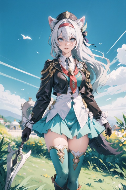  (illustration:1.1), (concept art:1.2), 
1girl,(wolf_ears), (wolf_tail),long hair,
((fine and beautiful detailed skin:1.0),(shiny:1.0),(Oil_highlights:1.0),(wet with oil:0.6),(shiny_skin:1)),
wind,sky, 
(liuying:1.2),blue eyes,hairband,long hair,black hairband,white hair,
bianka durandal ataegina (valkyrie gloria), bianka durandal ataegina, military, long hair, hat, military uniform, uniform, looking at viewer, boots, gloves, bangs, military hat, jacket, thigh boots, black footwear, grass, thighhighs, hair between eyes, pantyhose, breasts, black headwear, black gloves, necktie, spear, black jacket, black pantyhose, 