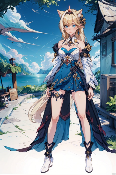  (illustration:1.1), (concept art:1.2), 
1girl,(wolf_ears), (wolf_tail),long hair,full body,
wind,sky, scenery,outdoors,pose,
wyl,blonde hair,blue eyes,white footwear,earrings,bangs,breasts,jewelry,blue skirt,white single thighhigh,white train (clothing),,