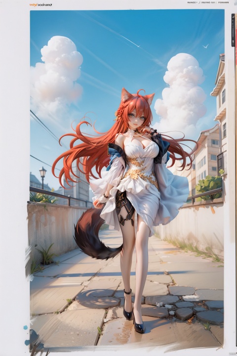  (illustration:1.1), (concept art:1.2), 
1girl,(wolf_ears), (wolf_tail),long hair,full body,
wind,sky, niji3,
,jizi, def clothes, no coat, breasts, dress, red hair, long hair, yellow eyes, white dress, cleavage, high heels, black footwear,