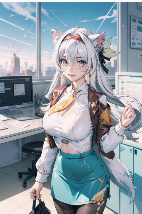  (illustration:1.1), (concept art:1.2), 
1girl,(wolf_ears), (wolf_tail),long hair,
((fine and beautiful detailed skin:1.0),(shiny:1.0),(Oil_highlights:1.0),(wet with oil:0.6),(shiny_skin:1)),
wind,sky, 
(liuying:1.2),blue eyes,hairband,long hair,black hairband,white hair,
bronya zaychik, red pupils, breasts, long hair, earrings, drill hair, hair between eyes, large breasts, hair ornament, office, white sweater, black skirt, pencil skirt, pantyhose, black pantyhose, smile, indoors,office lady, id cardmonitor, computer, 