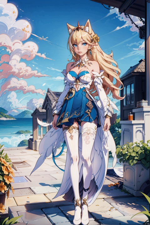  (illustration:1.1), (concept art:1.2), 
1girl,(wolf_ears), (wolf_tail),long hair,full body,
wind,sky, scenery,outdoors,
wyl,blonde hair,blue eyes,white footwear,earrings,bangs,breasts,jewelry,blue skirt,white single thighhigh,white train (clothing),, , , tutuhsls,white pantyhose,