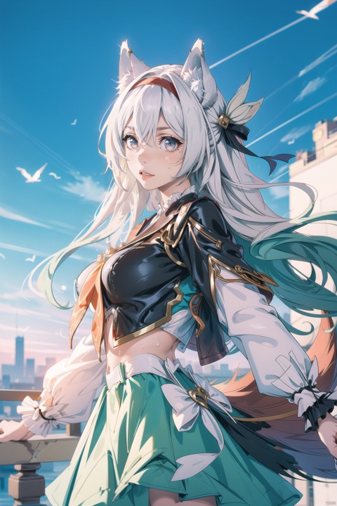  (illustration:1.1), (concept art:1.2), 
1girl,(wolf_ears), (wolf_tail),long hair,
((fine and beautiful detailed skin:1.0),(shiny:1.0),(Oil_highlights:1.0),(wet with oil:0.6),(shiny_skin:1)),
wind,sky, 
(liuying:1.2),blue eyes,hairband,long hair,black hairband,white hair,
rita rossweisse (summer night's dream), rita rossweisse, shirt, pantyhose, red rose, brown hair, long hair, long sleeves, red eyes, mole under eye, hair over one eye, frilled shirt, white shirt, 