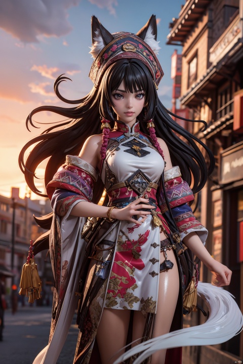  (concept art:1.2),(photorealistic:0.8),(3D:1.2)
handmade style,pvc,(nice hands, perfect hands:0.9),
cinematic lighting,fantasy,
,,(wolf_ears), (wolf_tail),long hair,antenna hair,
((fine and beautiful detailed skin:1.0),(shiny:1.0),(Oil_highlights:1.0),(shiny_skin:1)),
wind,sky, 
, zhuang,long dress,hat,