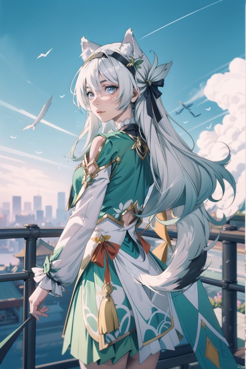  (illustration:1.1), (concept art:1.2), 
1girl,(wolf_ears), (wolf_tail),long hair,
((fine and beautiful detailed skin:1.0),(shiny:1.0),(Oil_highlights:1.0),(wet with oil:0.6),(shiny_skin:1)),
wind,sky, 
(liuying:1.2),blue eyes,hairband,long hair,black hairband,white hair,
li sushang (jade knight), li sushang, chinese clothes, china dress, official costume, multicolored hair, two-tone hair, wing hair ornament, 