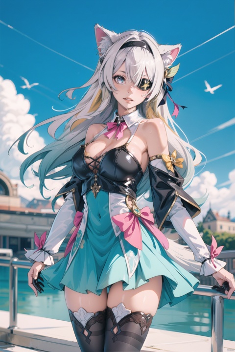  (illustration:1.1), (concept art:1.2), 
1girl,(wolf_ears), (wolf_tail),long hair,
((fine and beautiful detailed skin:1.0),(shiny:1.0),(Oil_highlights:1.0),(wet with oil:0.6),(shiny_skin:1)),
wind,sky, 
(liuying:1.2),blue eyes,hairband,long hair,black hairband,white hair,
asymmetrical sleeves, detached collar, detached sleeves, blonde hair, thighhighs, eyepatch, long hair, two side up, single glove, bow, purple bow, black thighhighs, dress, hair over one eye, single glove, bare shoulders, bodystocking, breasts, bangs, purple bowtie, black gloves, bowtie, single leg pantyhose, hair ribbon, single thighhigh, ribbon, medium breasts, 