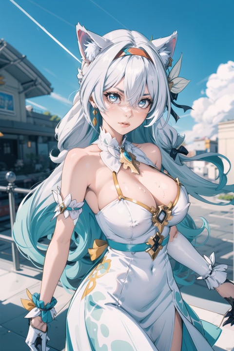  (illustration:1.1), (concept art:1.2), 
1girl,(wolf_ears), (wolf_tail),long hair,
((fine and beautiful detailed skin:1.0),(shiny:1.0),(Oil_highlights:1.0),(wet with oil:0.6),(shiny_skin:1)),
wind,sky, 
(liuying:1.2),blue eyes,hairband,long hair,black hairband,white hair,
bronya zaychik (silverwing n-ex), bronya zaychik, red pupils,breasts, long hair, dress, cleavage, bangs, jewelry, single glove, earrings, white dress, gloves, bare shoulders, sleeveless dress, drill hair, sleeveless, single sleeve, hair between eyes, large breasts, twin drills, white sleeves, hair ornament, single pauldron, 