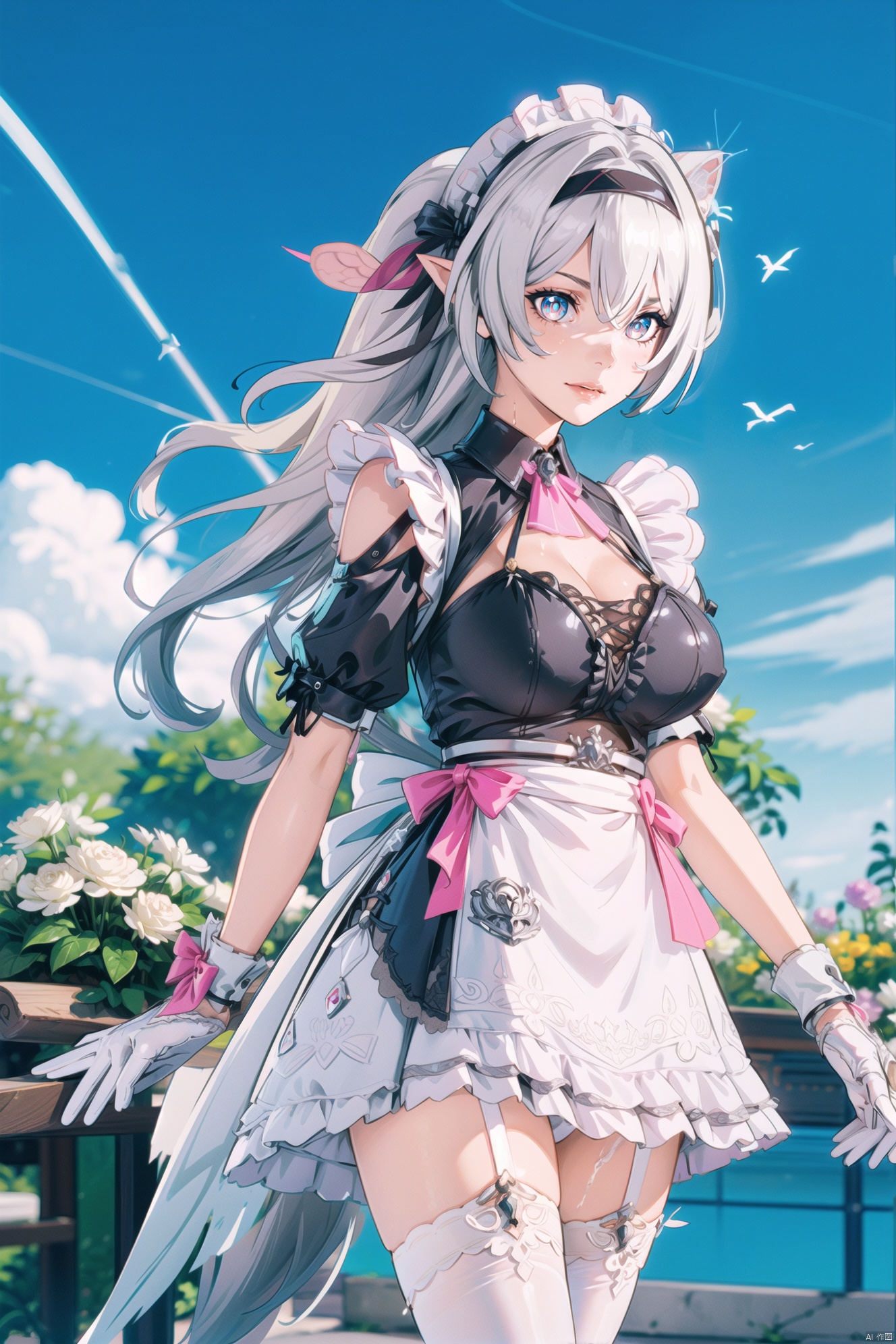  (illustration:1.1), (concept art:1.2), 
1girl,(wolf_ears), (wolf_tail),long hair,
((fine and beautiful detailed skin:1.0),(shiny:1.0),(Oil_highlights:1.0),(wet with oil:0.6),(shiny_skin:1)),
wind,sky, 
(liuying:1.2),blue eyes,hairband,long hair,black hairband,white hair,
elysia (miss pink) (honkai impact), slit pupils, pink pupils, elysia (honkai impact), elf, , maid, fake horns, gloves, long hair, white gloves, maid headdress, bangs, thighhighs, apron, white thighhighs, dress, short sleeves, cleavage, white flower, maid apron, rose, frills, enmaided, ponytail, 