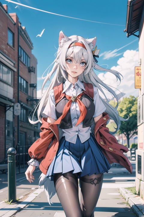  (illustration:1.1), (concept art:1.2), 
1girl,(wolf_ears), (wolf_tail),long hair,
((fine and beautiful detailed skin:1.0),(shiny:1.0),(Oil_highlights:1.0),(wet with oil:0.6),(shiny_skin:1)),
wind,sky, 
(liuying:1.2),blue eyes,hairband,long hair,black hairband,white hair,
homurahara academy school uniform,school uniform,vest,shirt,white shirt,collared shirt,coat,open coat,open clothes,red coat,long sleeves,brown vest,skirt,black skirt,ribbon,black pantyhose,pantyhose,