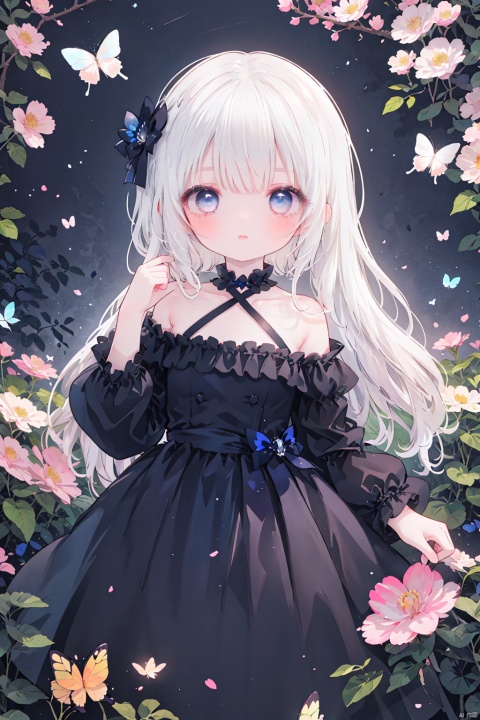  night,glowing eyes,gothic,long dress,
1 girl, solo, long white hair, blue eyes, detailed eyes, blink and youll miss it detail,butterfly, flower garden, high quality, floral background, very detailed,off shoulder