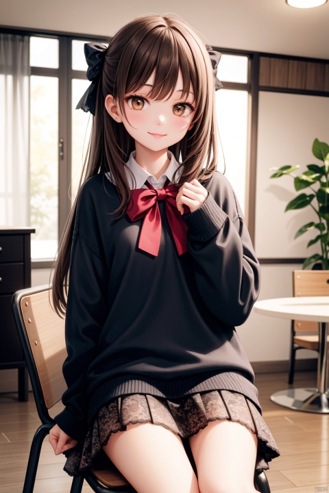  1girl, solo, long hair, looking at viewer, smile, brown hair, long sleeves, dress,Lace skirt, lace edge, fabric texture, bow, brown eyes, sitting, hair bow, blurry, sweater, sleeves past wrists, chair