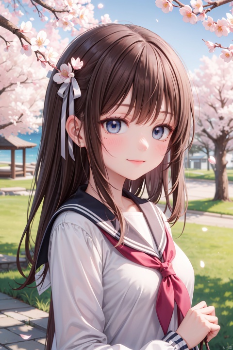  1girl, animal, bangs, bird, blue_eyes, blue_sky, blurry, blurry_background, blurry_foreground, blush, branch, brown_hair, cherry_blossoms, closed_mouth, day, depth_of_field, dove, falling_petals, flower, graduation, hair_ribbon, hanami, holding, in_tree, long_hair, long_sleeves, looking_at_viewer, mole, mole_under_eye, motion_blur, outdoors, petals, photo_\(medium\), pink_flower, pink_rose, plum_blossoms, ribbon, rose, sailor_collar, shirt, smile, solo, spring_\(season\), swing, tree, upper_body, white_flower, white_shirt