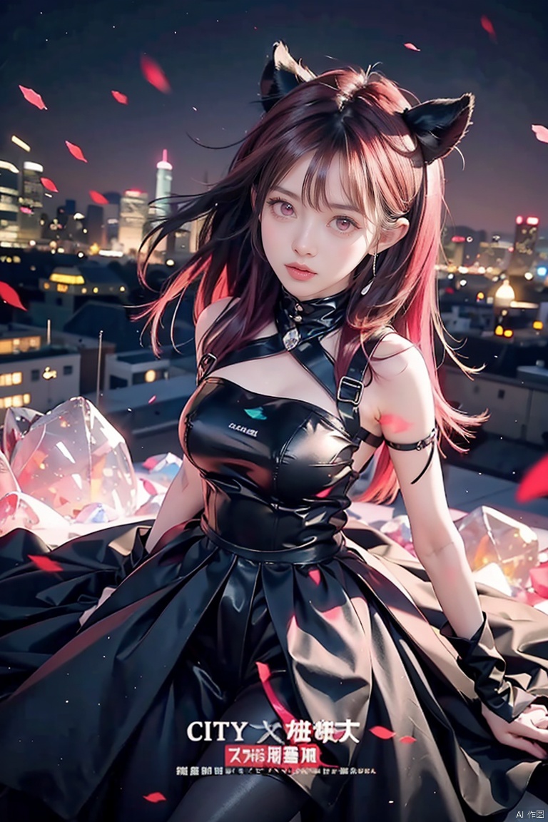  (aerial view,view of city),1girl flying in air,beautiful cute crystal girl in 26 years old, wearing crystal wear, the crystal is evil, black and pink and red glowing crystal, crystal pink hair, the power is every wear, she is evil but cute, the crystal is evil and glowing black and pink and red colors, detailed evil eyes,she has a serious expression and her lips are closed glowing crystal wear, (incredible details, cinematic ultra wide angle, depth of failed, hyper detailed, insane details, hyper realistic, high resolution, cinematic lighting, soft lighting, incredible quality, dynamic shot,,Hair with scenery,baiyueguangya,huliya,glint sparkle,1 girl,tifa,wangyushan