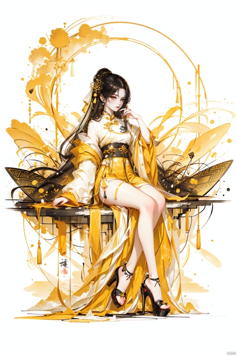  best quality, amazing quality, very aesthetic,1girl, high_heels, long_hair, sketch, monochrome, shoes, skirt, yellow_theme, yellow_background, sitting, solo, guoflinke, Ink scattering_Chinese style,yjmonochrome