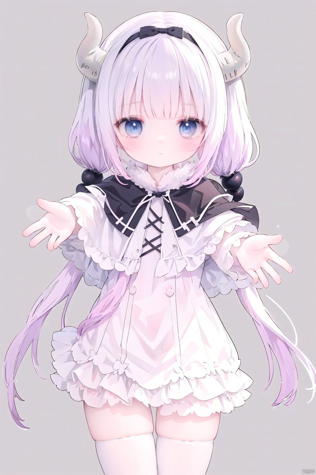  masterpiece, bestquality, KannaKamui, 1girl, solo, long hair, looking at viewer, blush, bangs, blue eyes, simple background, hair ornament, thighhighs, long sleeves, white background, dress, bow, twintails, closed mouth, standing, hair bow, cowboy shot, hairband, frills, horns, blunt bangs, white thighhighs, zettai ryouiki, black bow, capelet, low twintails, black hairband, outstretched arm, light purple hair, dragon horns, beads, dragon girl, outstretched hand, reaching towards viewer, hair beads,