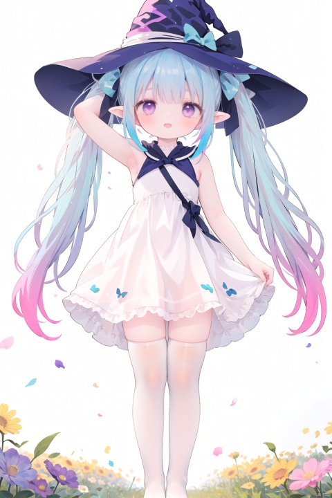 best quality, masterpiece, 
1girl, (loli), female child, solo, full body, (very long hair, (([pink:blue:0.5] hair)), multicolored hair, gradient hair, twintails:1.2), (purple eyes:1.2), aqua eyes, pointy ears, 
blush, shy, happy, curious, ((:3)), 
witch hat, hat bow, (white dress:1.2), (see-through dress:0.5), bare arms, (white thighhighs), no shoes, 
standing, looking at viewer, (holding dress), arm behind head, armpit, 
(white background:1.16), day, in summer, soft lighting, golden hour lighting, (flower field:1.14)