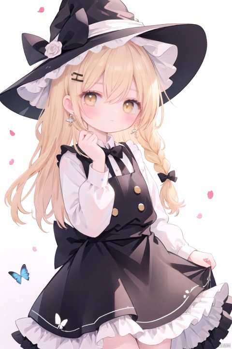  (masterpiece),(best quality),illustration,ultra detailed,hdr,Depth of field,(colorful),[iumu],[Sheya],[Artist chen bin],1girl, hat, kirisame marisa, blonde hair, solo, yellow eyes, bug, witch hat, butterfly, long hair, braid, bow, flower, apron, black headwear, single braid, long sleeves, hair ornament, earrings, jewelry, white bow, hair flower, shirt, white shirt, closed mouth, hair between eyes, waist apron, white apron, black bow, white flower, hat bow, black skirt, blush, bowtie, skirt, black bowtie, looking at viewer, rose, hair bow, vest, black vest, frills, signature, buttons, hand on headwear