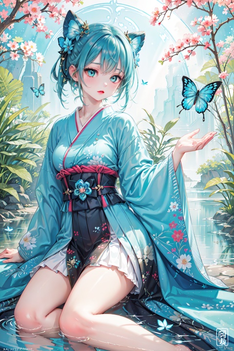  blue butterfly, in a colorful fantasy realism style, realistic color palette, wink and you miss details, japanese style art, fluid and organic shapes, light teal and light red, light reflection