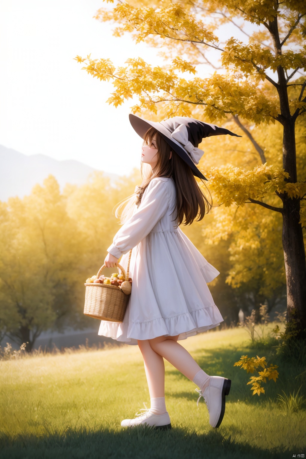  backlight,1girl,animal,autumn,autumn leaves,basket,bow,brown hair,cat,dappled sunlight,day,dress,falling leaves,food,from side,fruit,full body,grapes,hair bow,hair over shoulder,hand up,harvest,hat,holding,holding basket,layered dress,leaf,long hair,low-tied long hair,medium hair,nature,outdoors,outstretched arms,picking fruit,plant,profile,shoes,short dress,standing,sunlight,tree,vines,white cat,white dress,white footwear,witch,witch hat,yellow bow,yellow dress,yellow eyes,